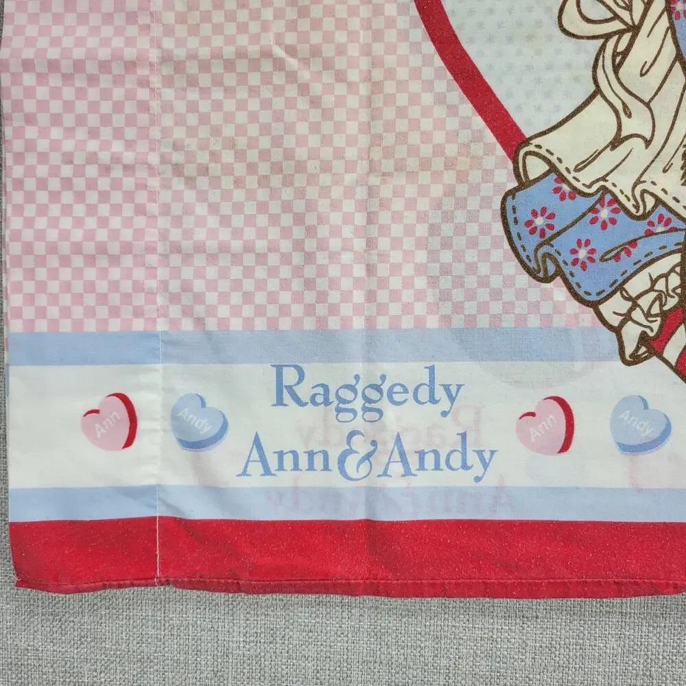 Vintage Raggedy Ann & Andy Pillowcase 29x20 Fabric Panel Red Hearts Gingham
